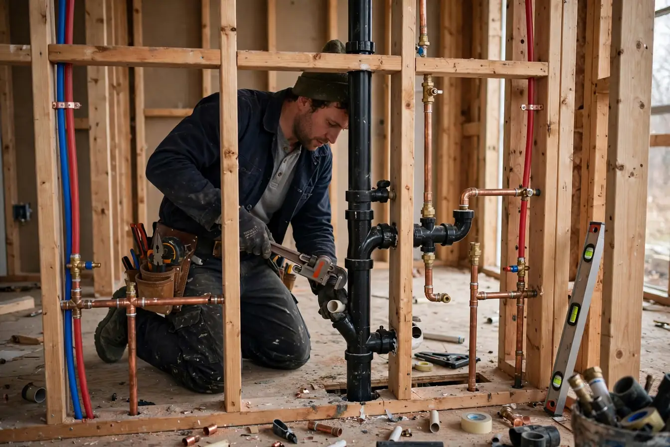 Plumber doing rough-in plumbing with supply and drain pipes in an open wall frame of a new bathroom