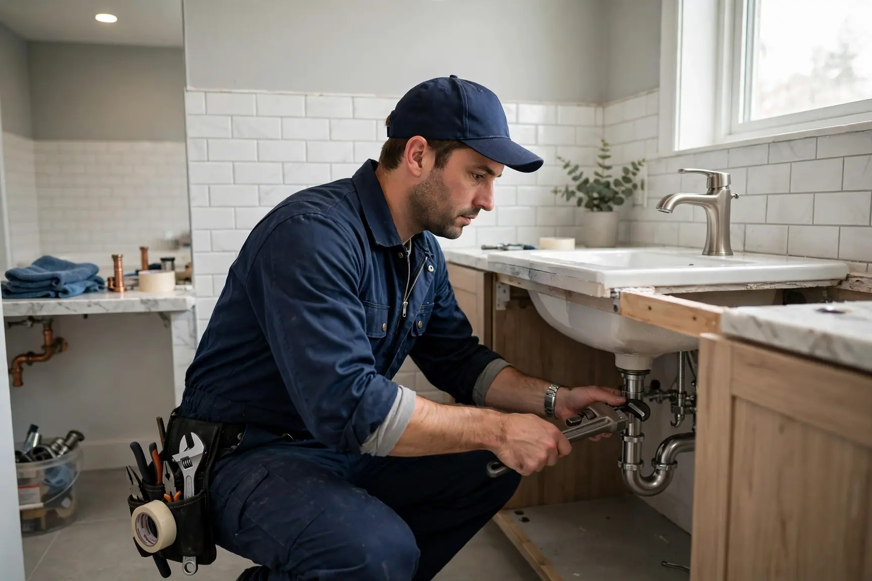 Plumber in a navy uniform installing a new bathroom faucet and sink in a remodeled bathroom