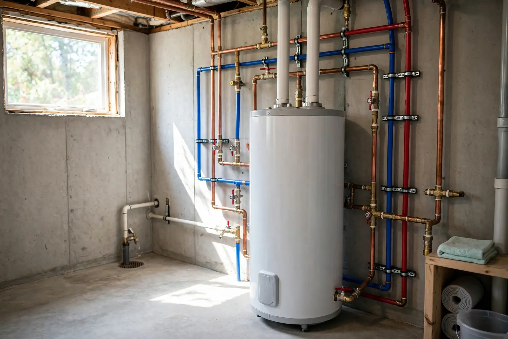 Clean serviced water heater and tidy pipes in a bright basement after a maintenance visit