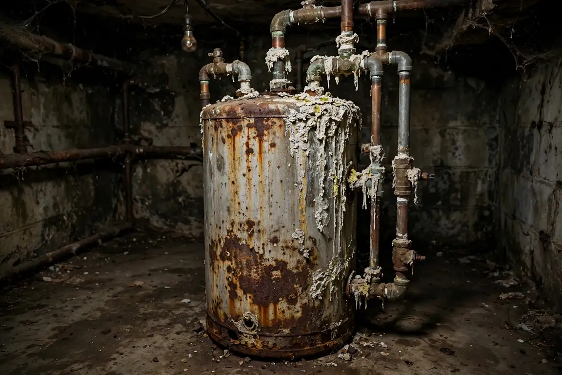 Neglected water heater with heavy mineral scale and rust stains in a dim basement before maintenance