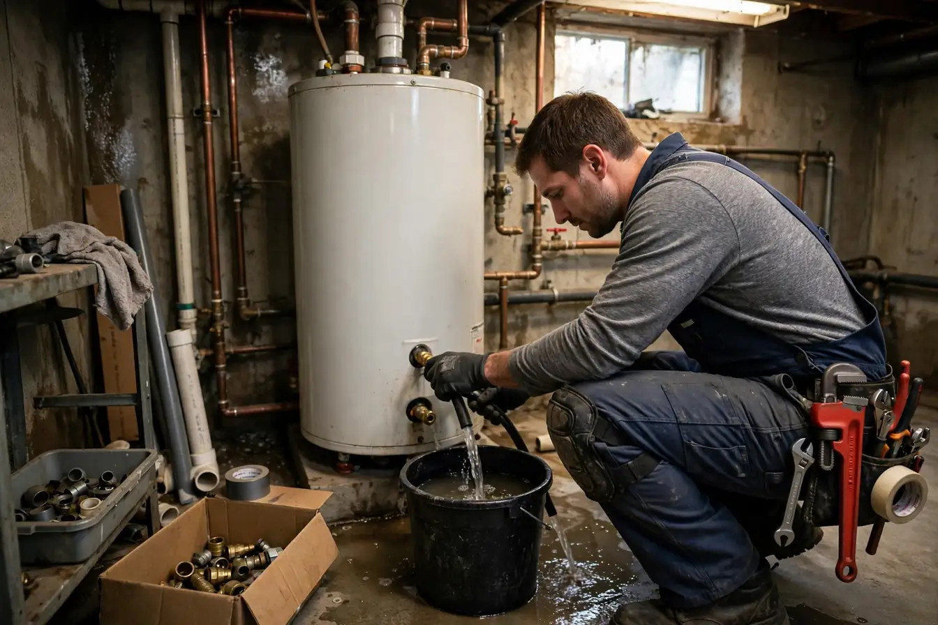 Plumber flushing a water heater tank during a maintenance visit, draining water through a hose