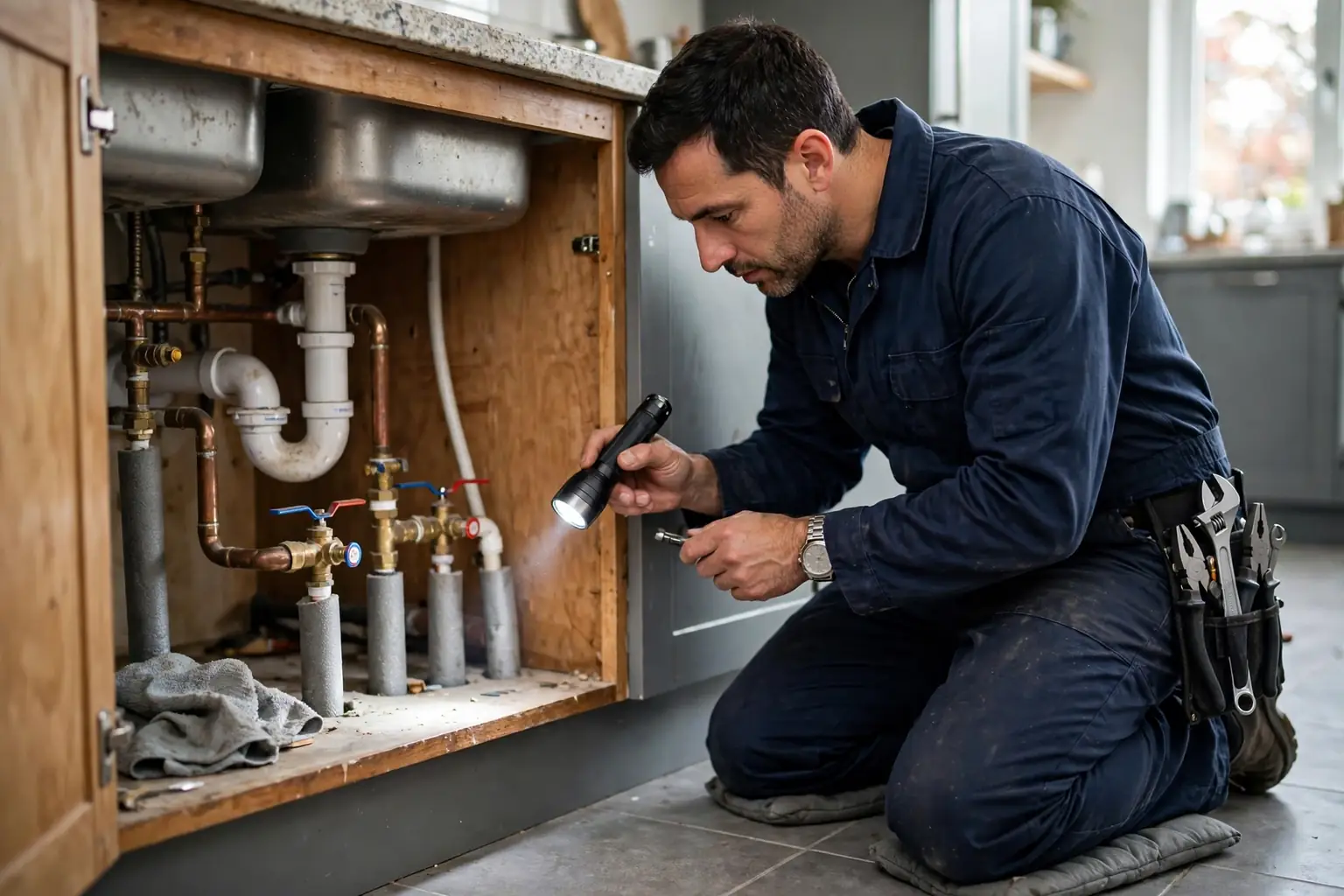 Plumber in a navy uniform doing a routine whole-home maintenance checkup, inspecting pipes under a sink with a flashlight