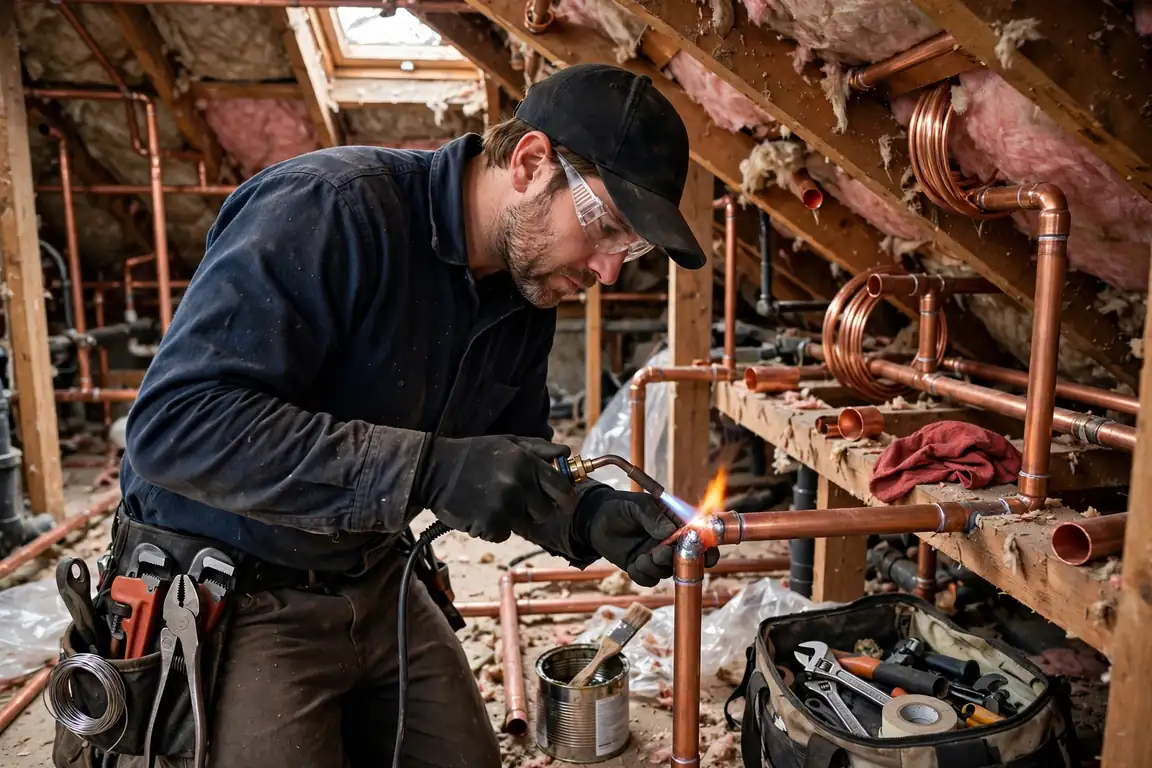 Plumber soldering a copper pipe joint in an attic during a whole-house repipe