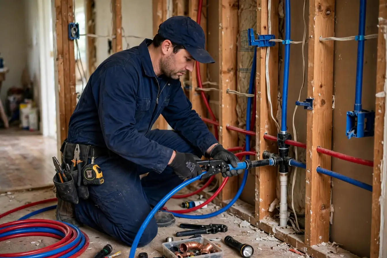Plumber in a navy uniform installing new PEX piping throughout a home during a whole-house repipe