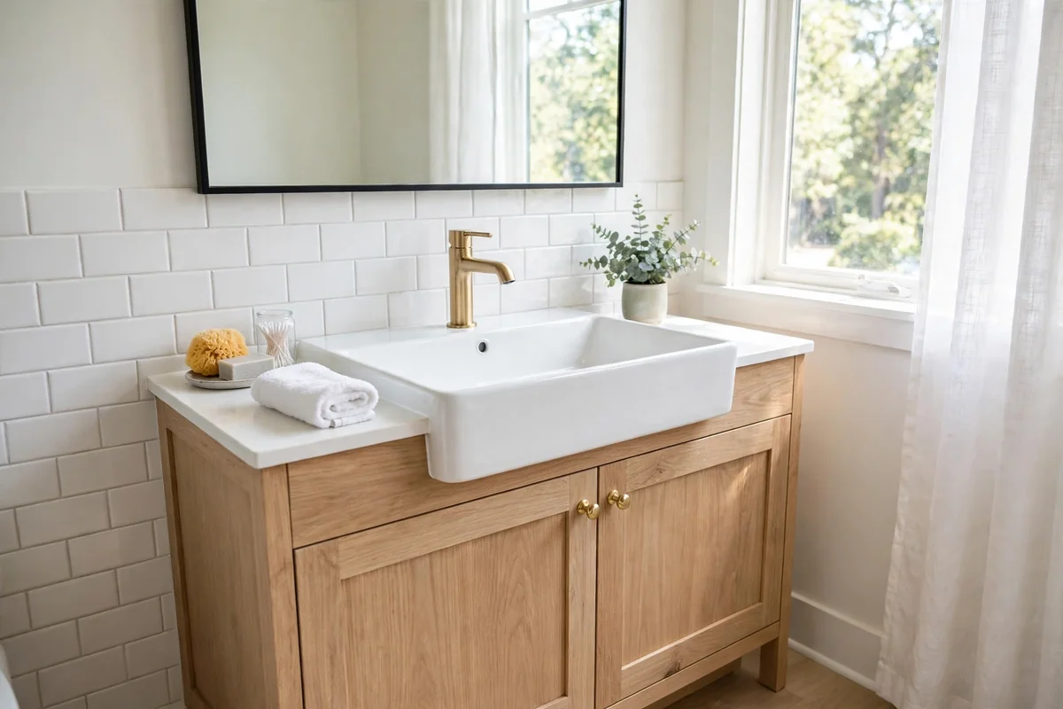 Clean renovated bathroom sink with a new modern faucet after plumbing repair