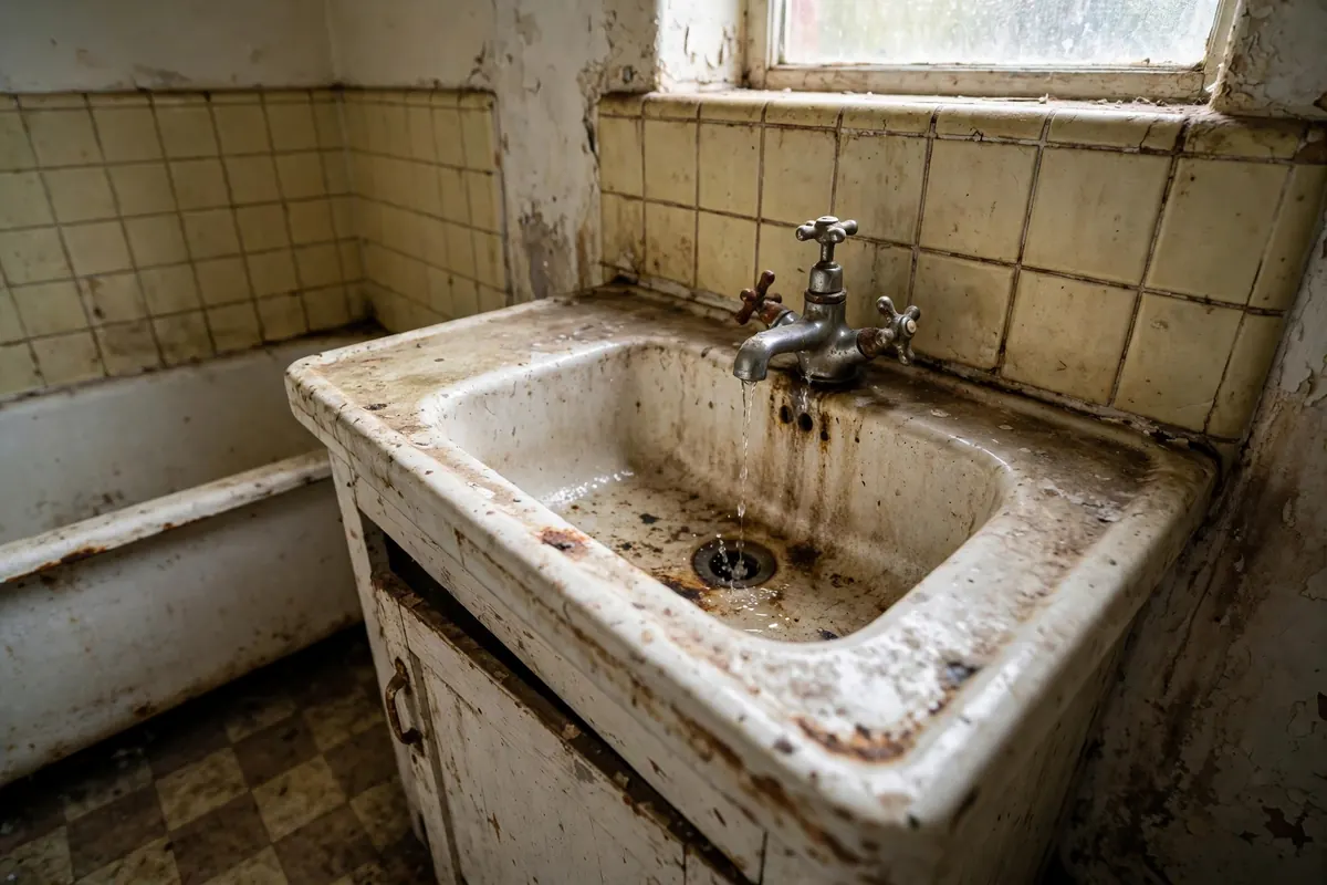 Old stained bathroom sink with a leaking faucet before plumbing repair