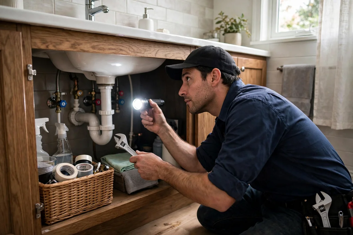 Plumber inspecting pipes under a bathroom sink with a flashlight and wrench