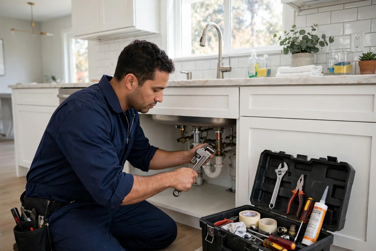 Plumber in a navy uniform repairing pipes under a kitchen sink in a bright modern home