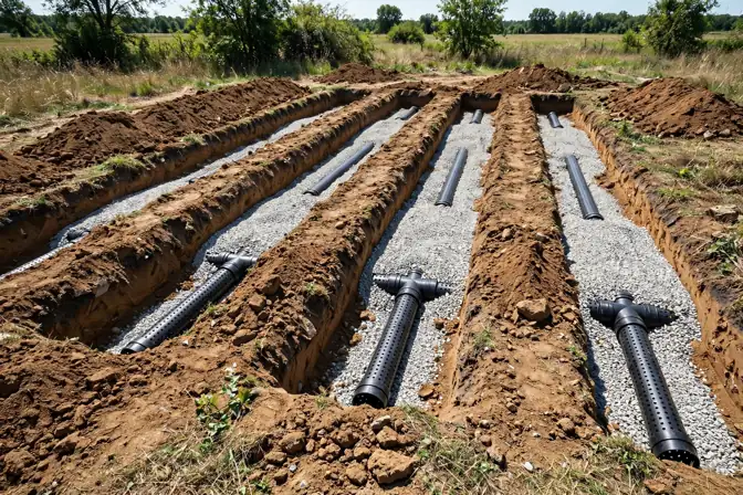 Newly rebuilt septic drain field with fresh trenches, gravel, and new pipe sections
