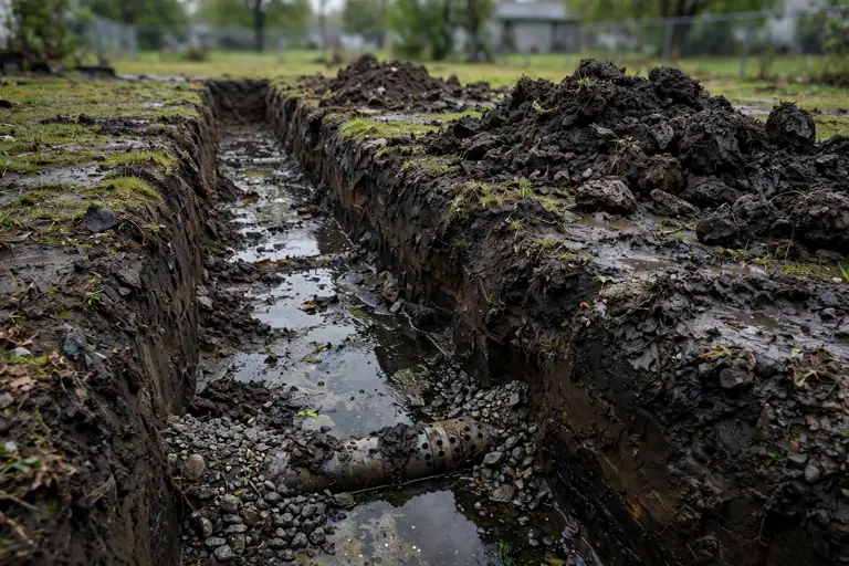 Failed septic drain field trench with saturated dark soil and standing water