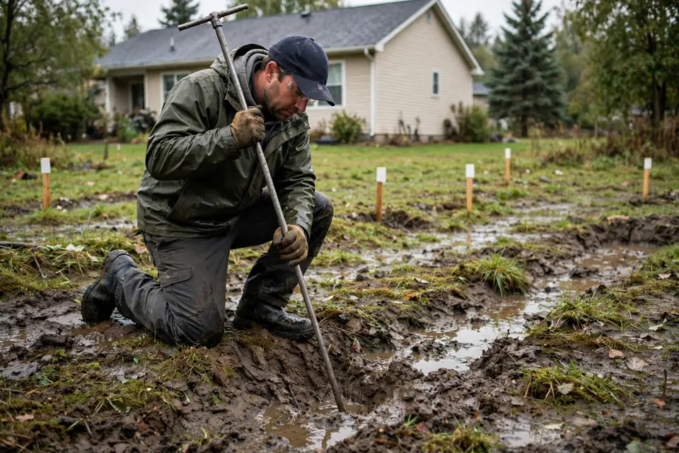 Septic technician probing soggy soil over a drain field with a long probe rod