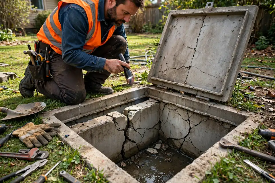 Septic contractor inspecting an open septic tank with a cracked concrete baffle