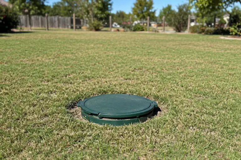 Dry healthy green lawn with a neat ground level septic riser lid