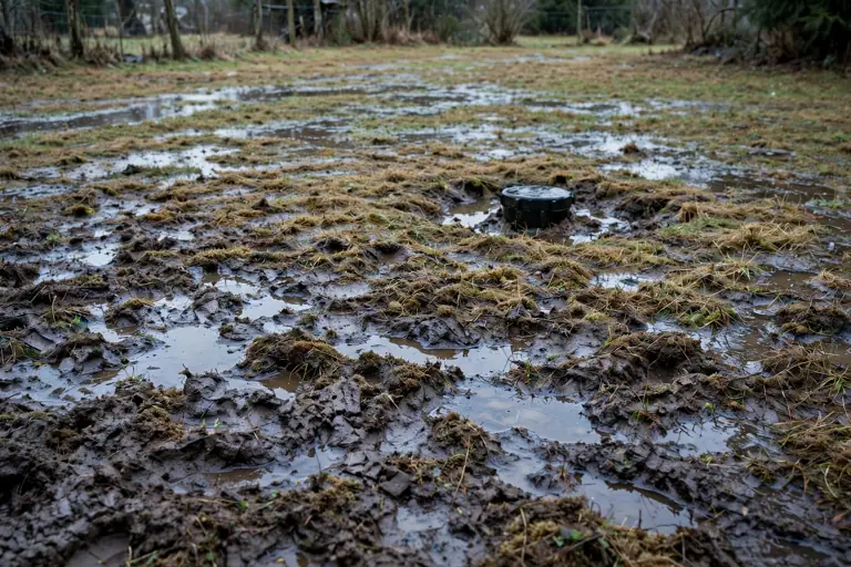 Soggy muddy lawn with standing water over a failing septic drain field