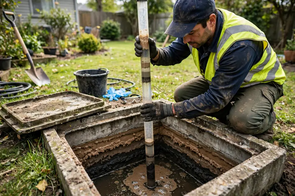 Septic technician measuring sludge layers inside an open septic tank with a long pole