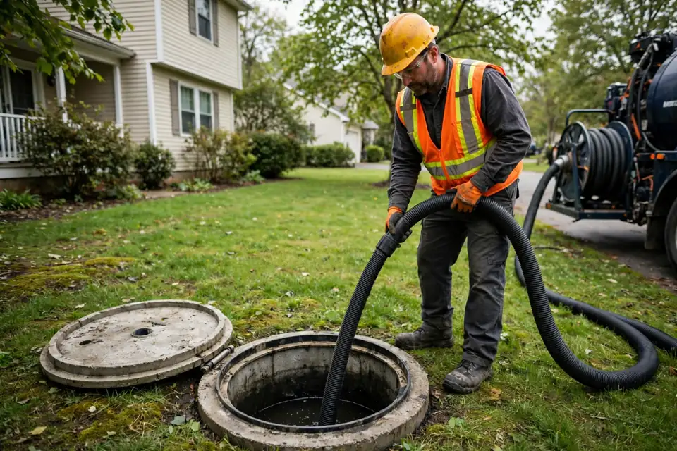 Septic technician pumping a residential septic tank with a vacuum truck hose in a front yard