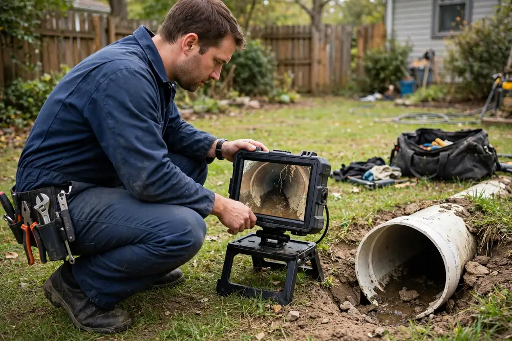 Plumber reviewing a sewer camera inspection on a monitor beside an exposed pipe