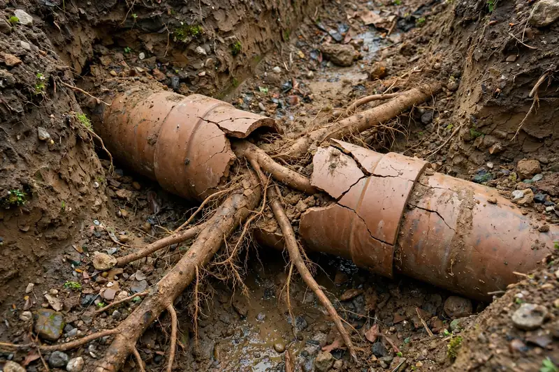Cracked clay sewer pipe with tree roots growing through the joints in a trench