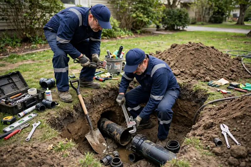 Plumbers in navy uniforms repairing a sewer line in a dug access pit in a front yard