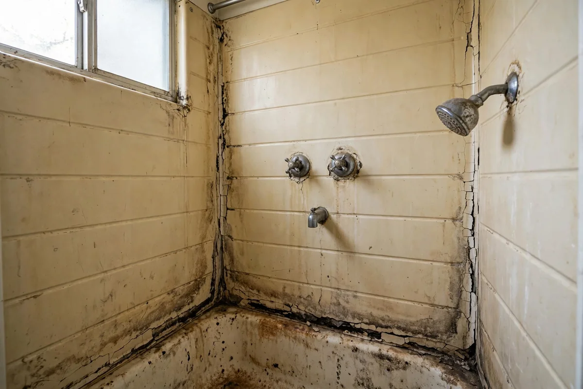 Old worn shower with stained fiberglass surround and cracked caulk before installation
