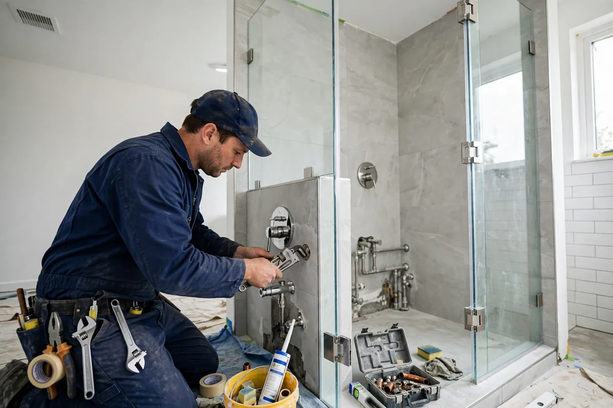 Plumber installing shower valve fittings in a new walk-in shower with glass panels and tile walls