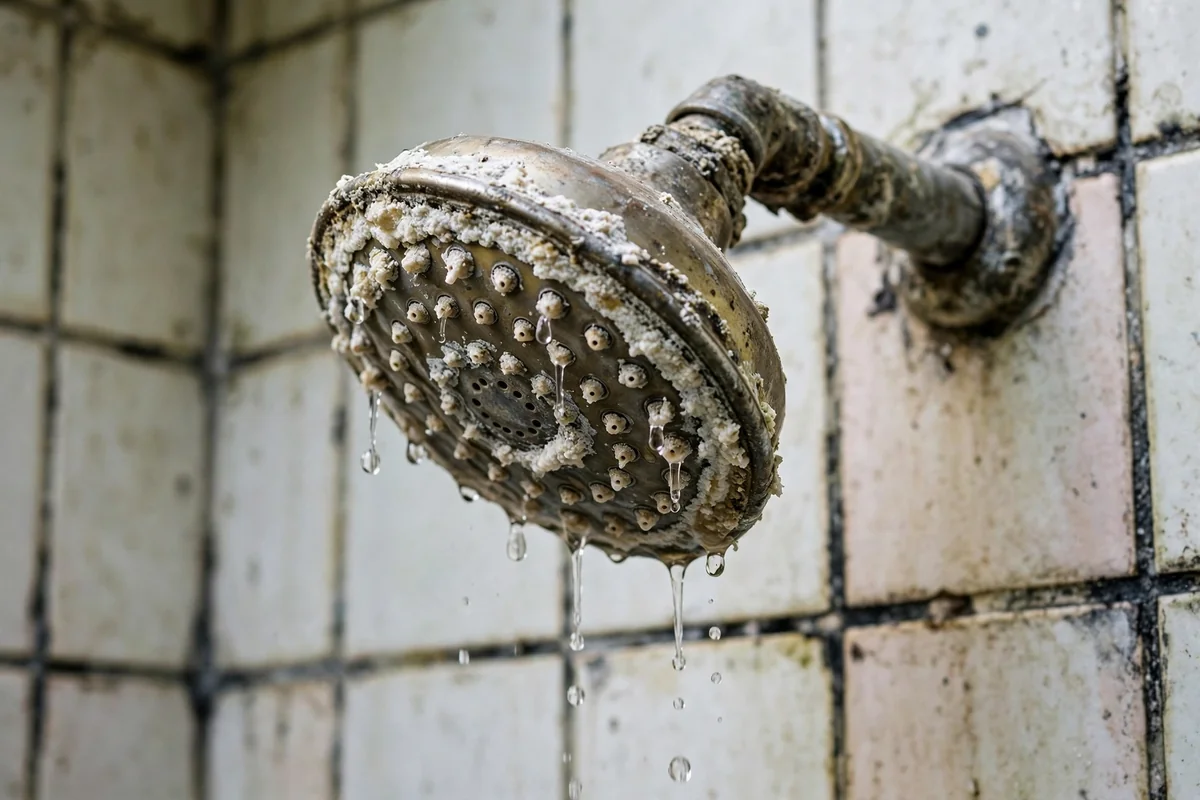 Old showerhead clogged with mineral buildup and dripping before repair