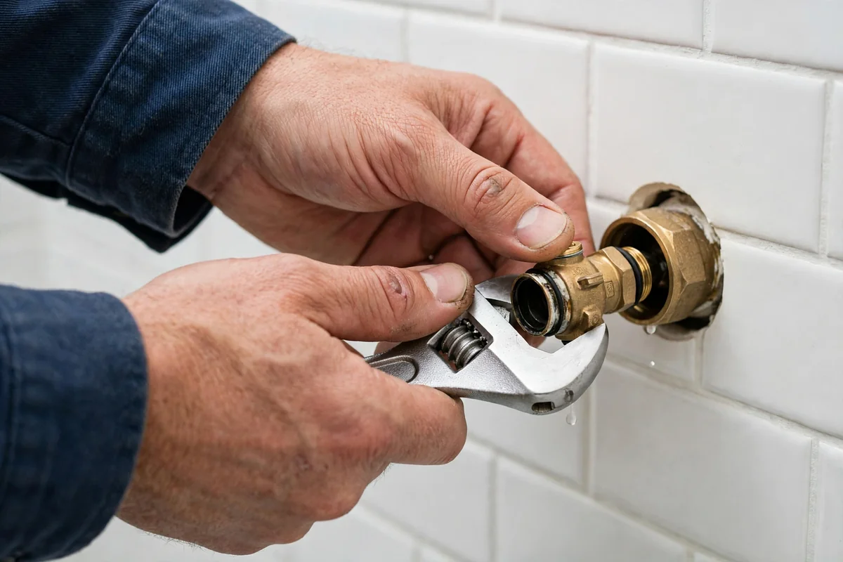 Plumber hands replacing a shower cartridge valve with a wrench against clean tile