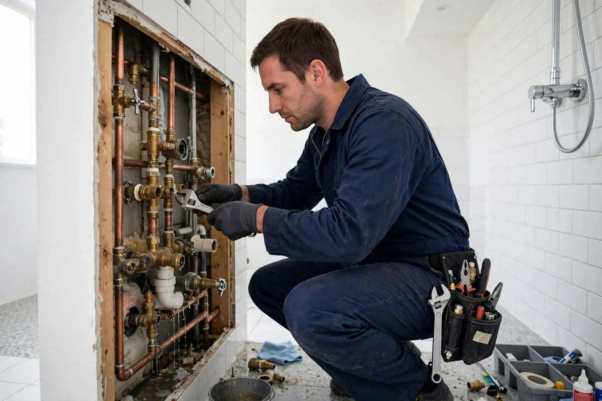 Plumber repairing shower valve pipes in an opened bathroom wall with copper lines