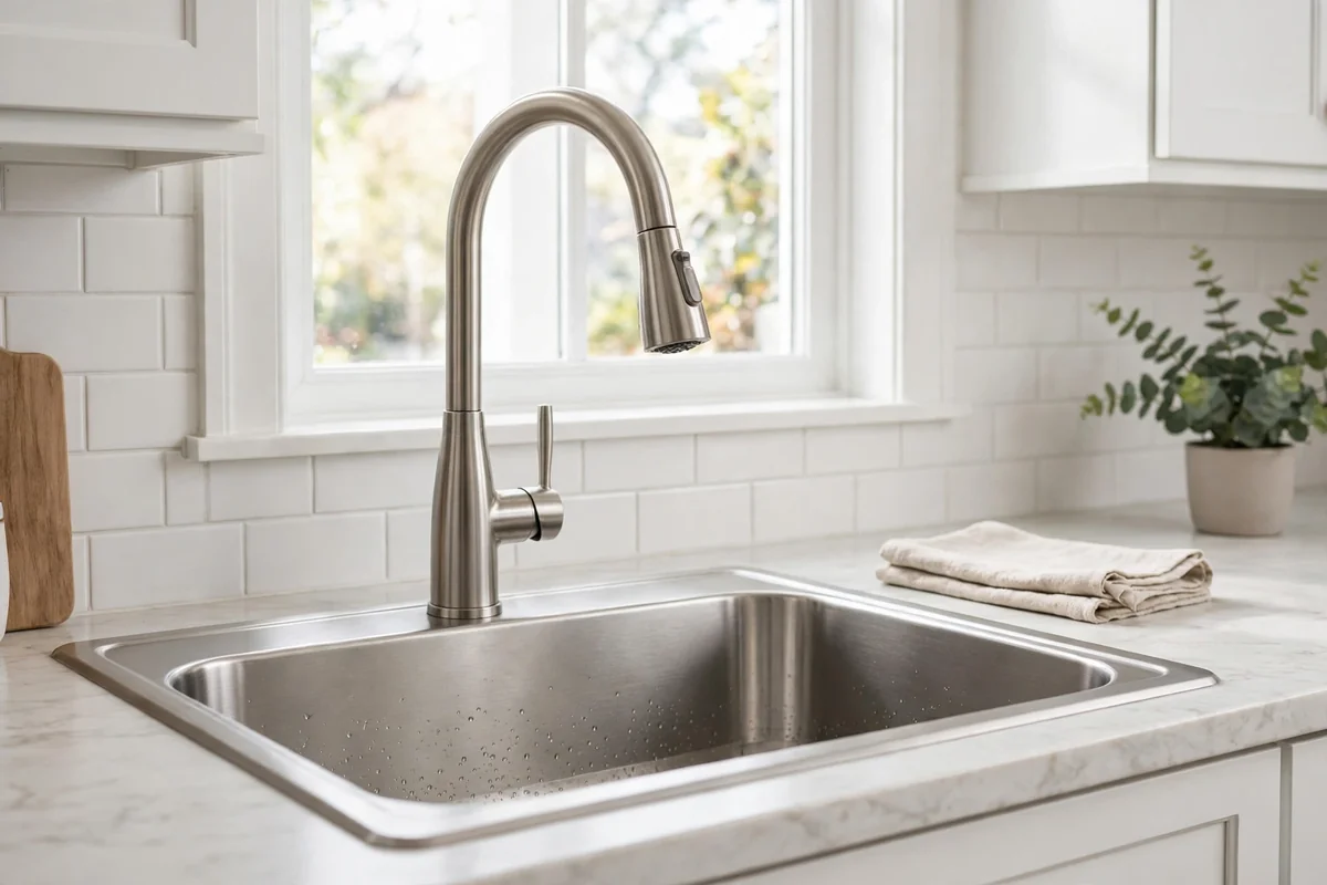 New stainless steel kitchen sink with modern faucet after installation