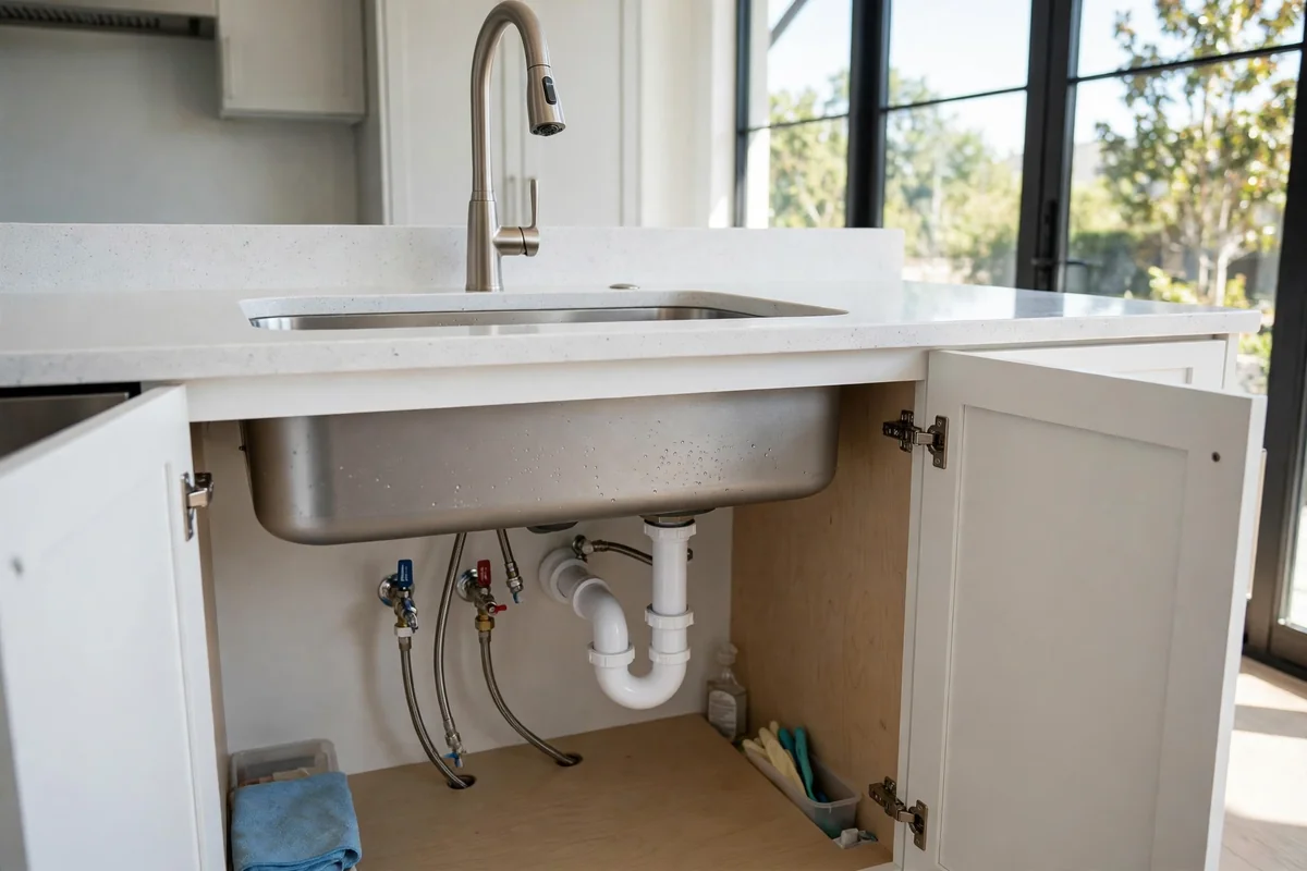 Clean modern kitchen sink with new faucet and drain fittings under the sink