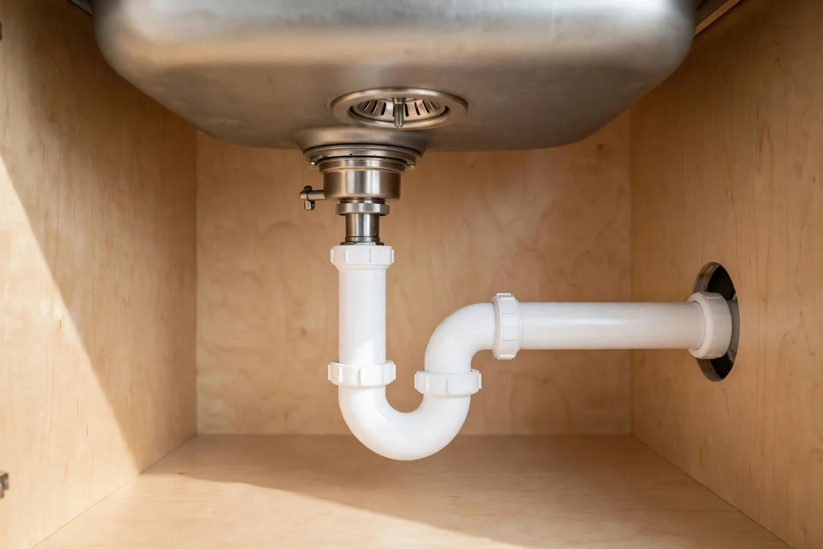 Clean dry sink drain assembly with new trap pipes after repair