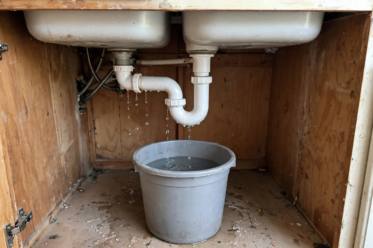 Leaking sink drain pipe dripping into a bucket before repair