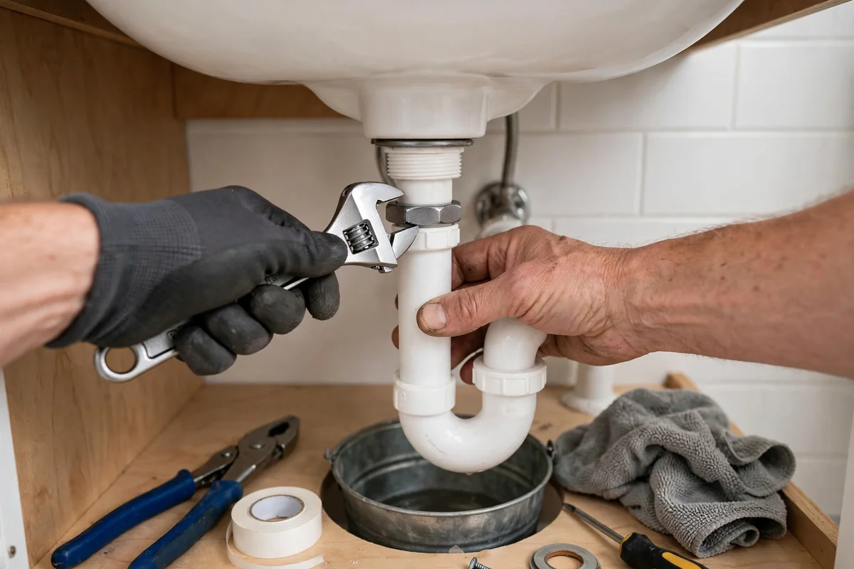Plumber hands tightening a sink drain trap under a bathroom sink with tools nearby