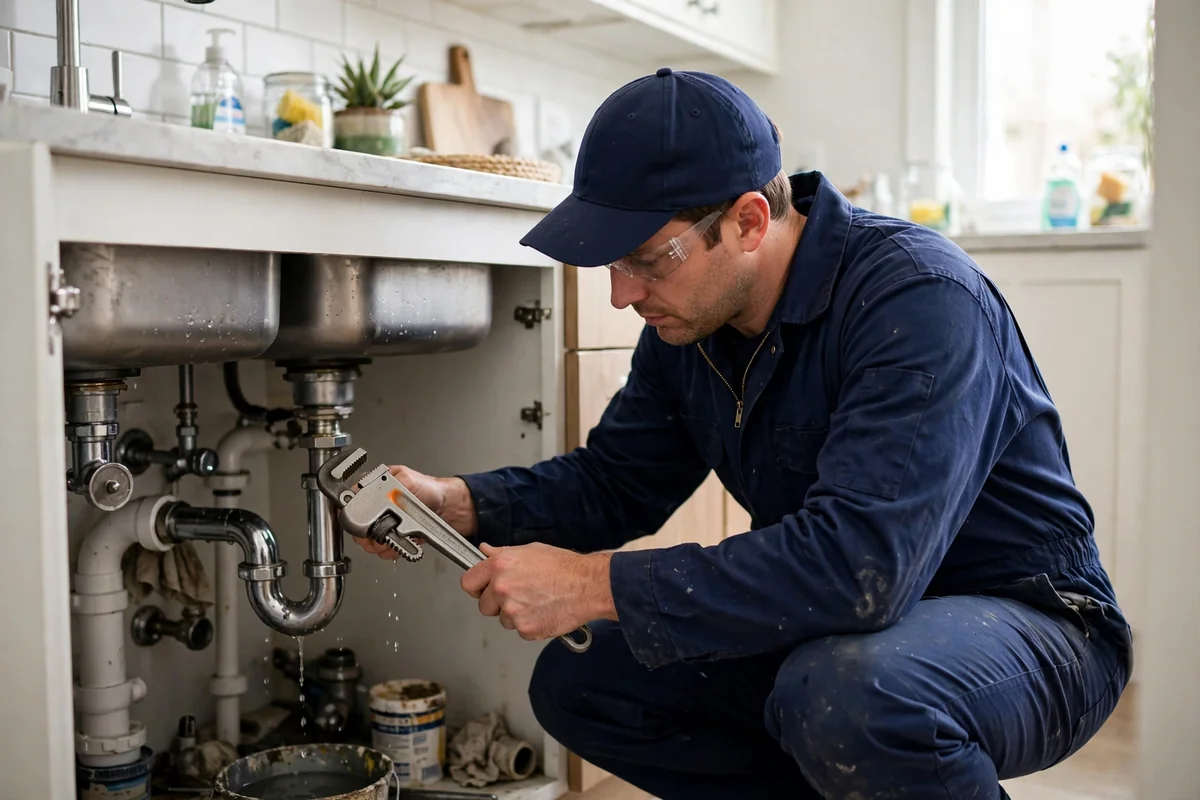 Plumber repairing drain pipes under a kitchen sink with a wrench and bucket below
