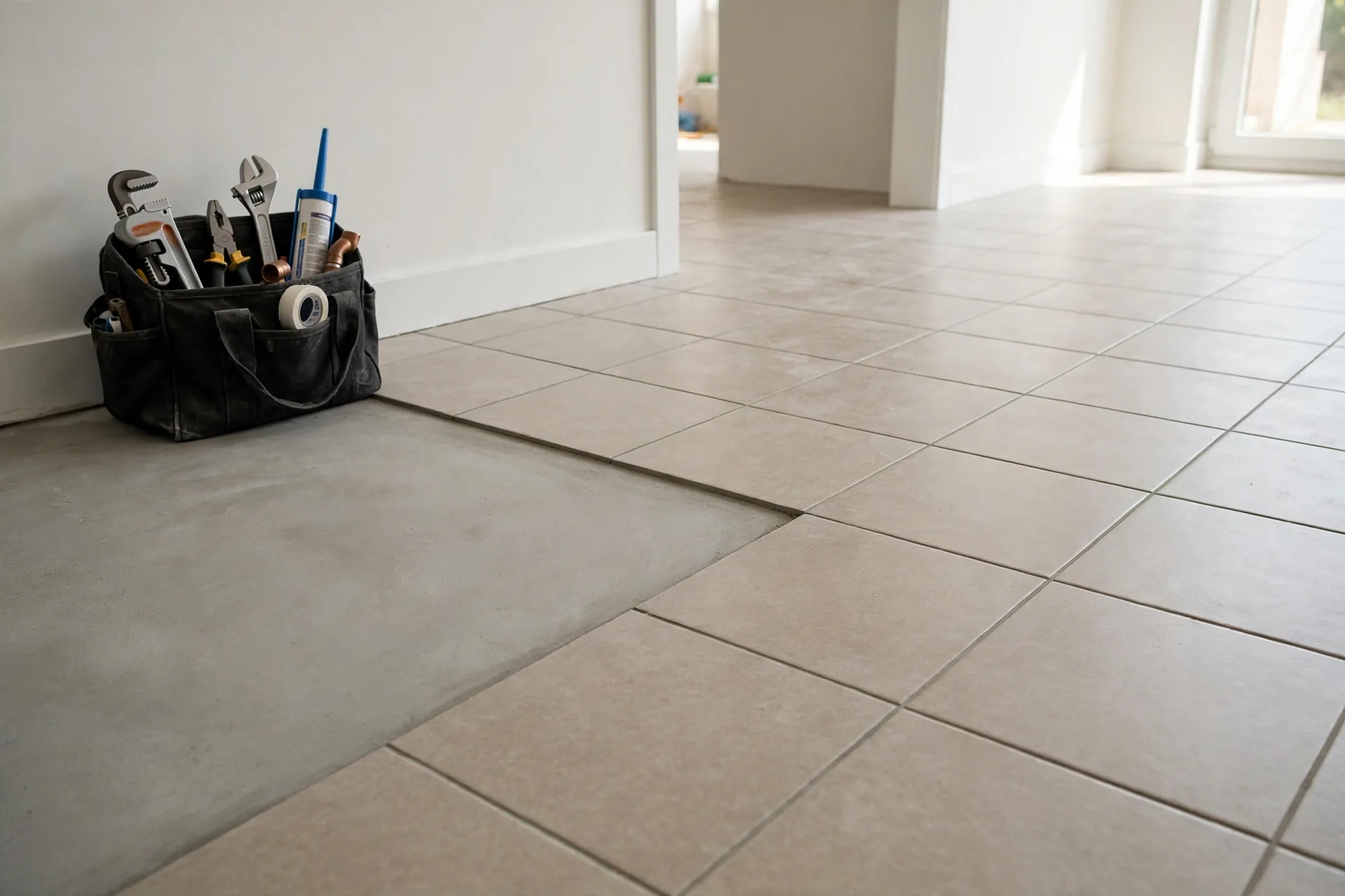 Clean dry new tile floor with a neatly patched concrete section after slab leak repair
