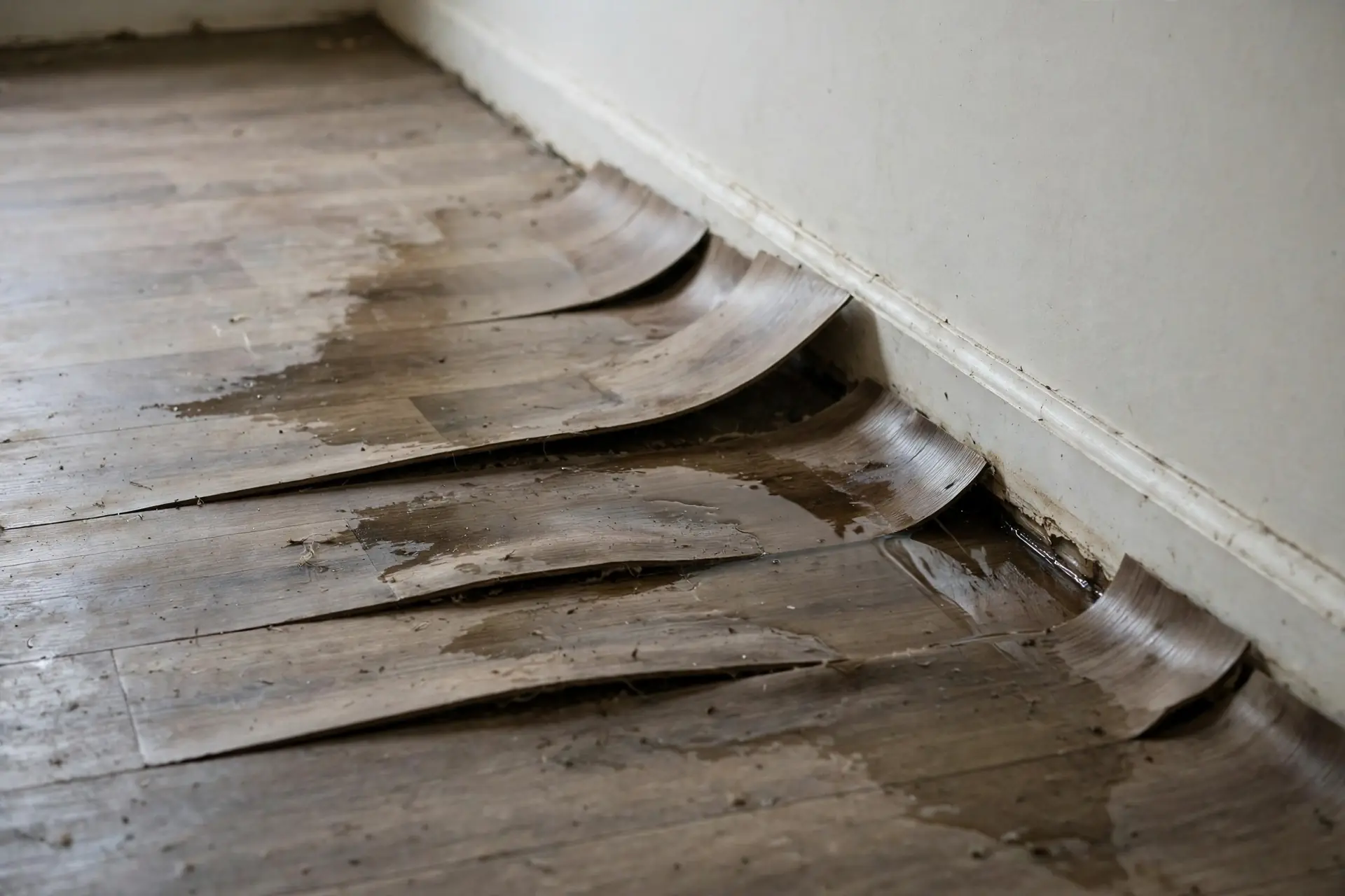 Buckled damp laminate flooring with water stains near a wall from a slab leak