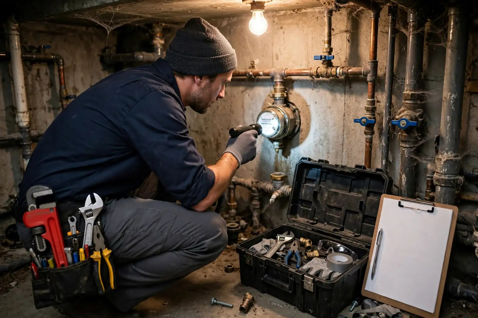 Plumber checking a home water meter with a flashlight during a slab leak investigation