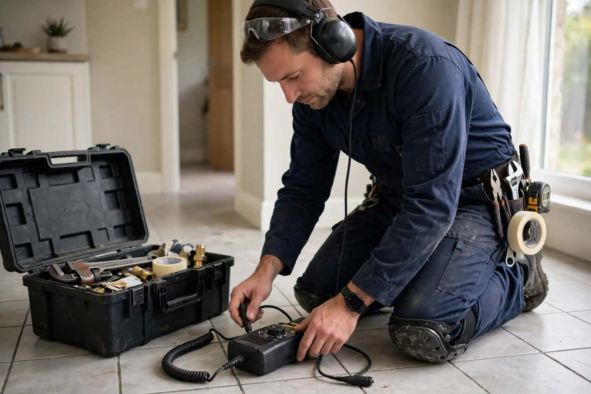 Plumber using acoustic leak listening equipment on a tile floor inside a home