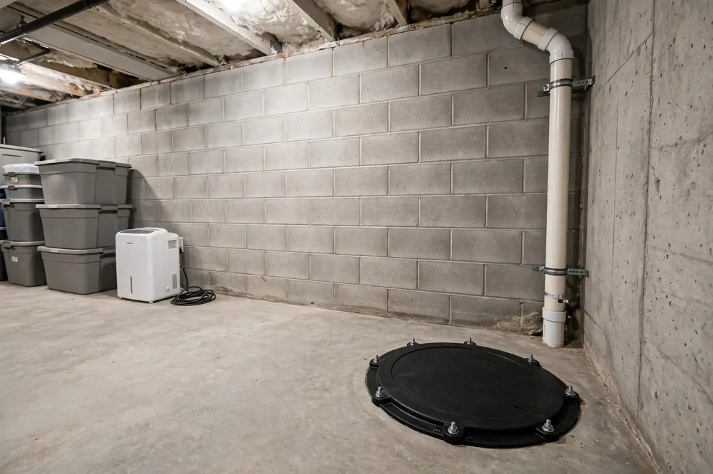 Dry clean basement with a sealed sump pump pit cover and discharge pipe in the corner