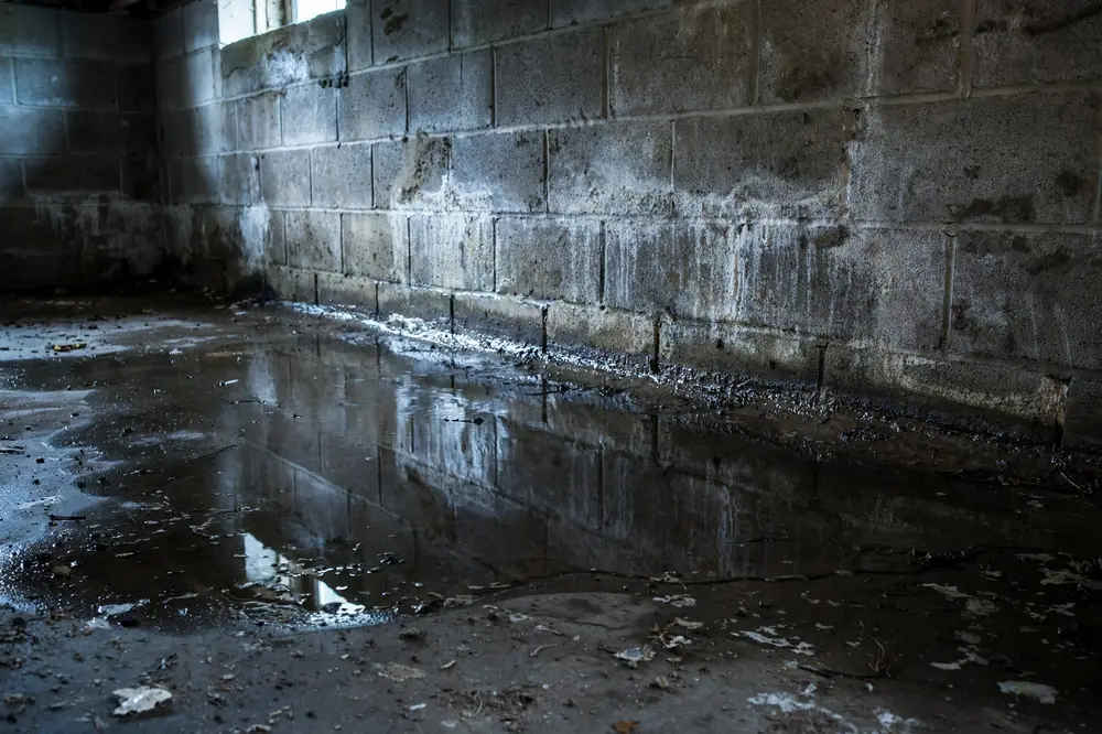 Wet basement floor with pooled water near a foundation wall and no sump pump