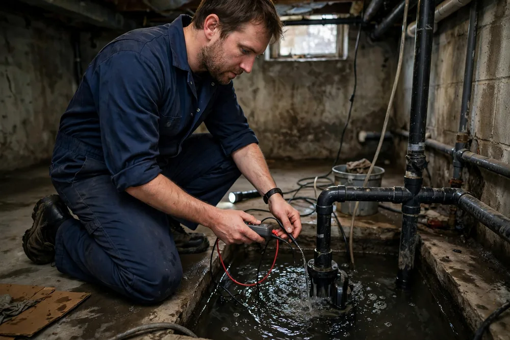 Plumber in a navy uniform testing a sump pump in a basement pit with water