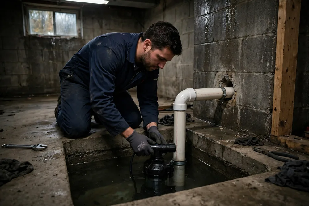 Plumber in a navy uniform installing a submersible sump pump in a basement sump pit