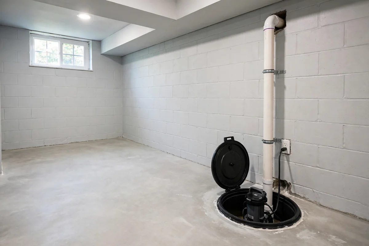 Dry clean basement floor with a working sump pump and discharge pipe after repair