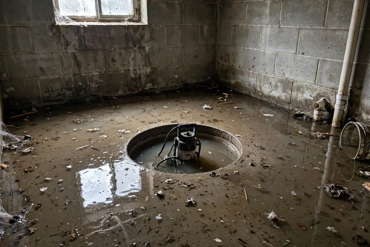Flooded basement floor with standing water around a failed sump pump pit before repair