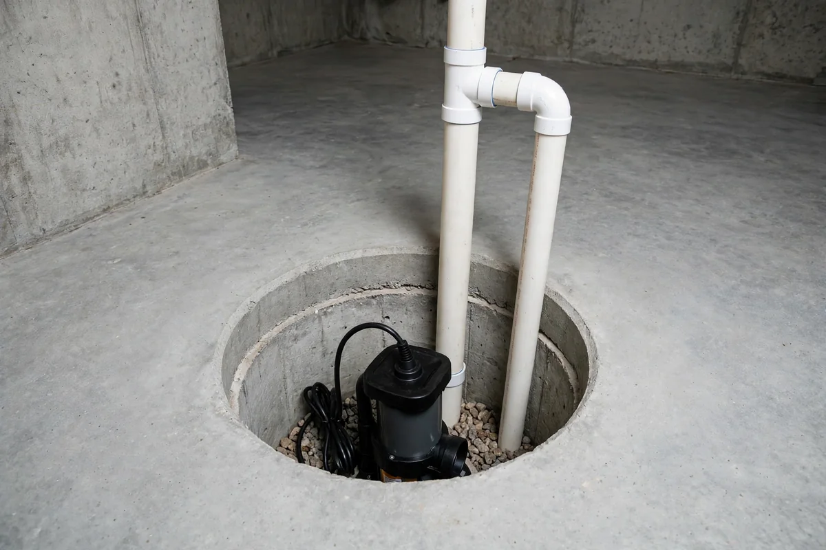 Clean sump pump installed in a basement pit with discharge pipe and dry concrete floor