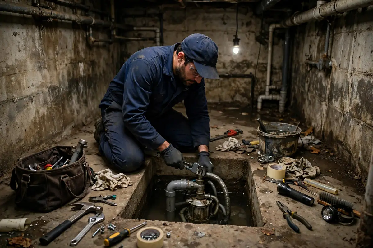 Technician repairing a sump pump in a basement pit with tools nearby