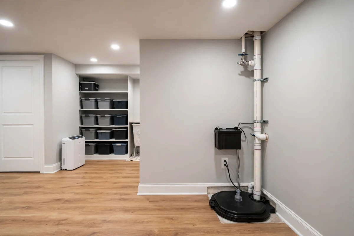 Dry finished basement with sump pump system neatly installed after service