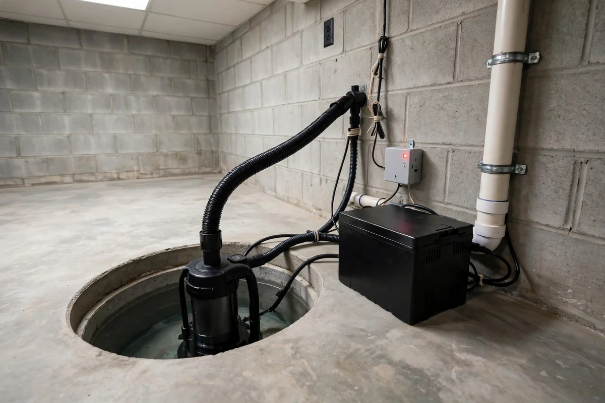 Sump pump with battery backup unit and alarm beside a basement pit in a tidy installation