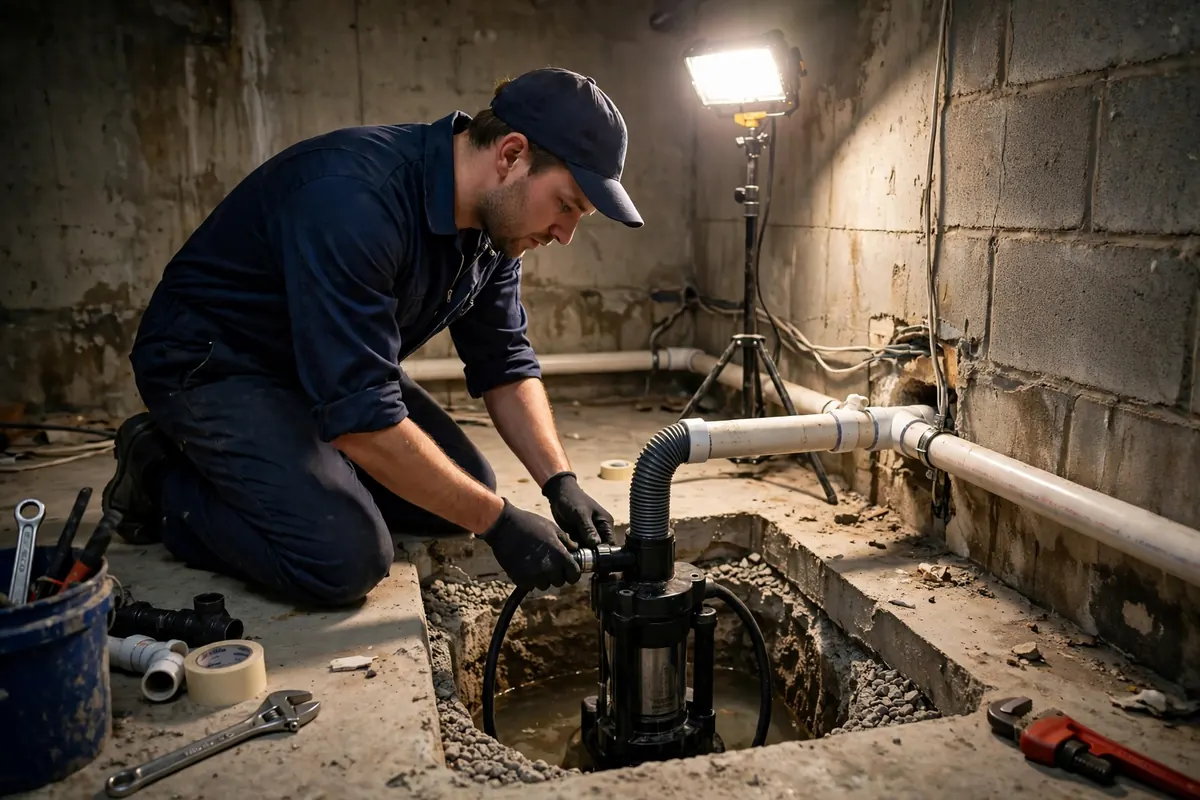Technician installing a new sump pump system in a basement pit with discharge pipe