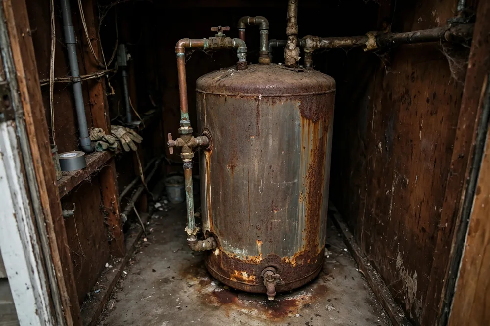 Old rusty bulky tank water heater taking up floor space in a dark utility closet